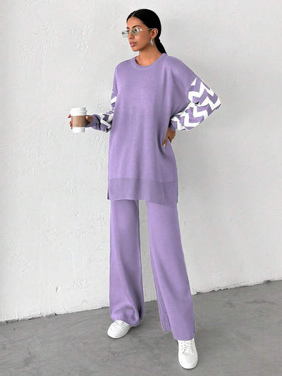 Dames effen kleur pareldetail ronde hals drop shoulder pullover & sweater broek set