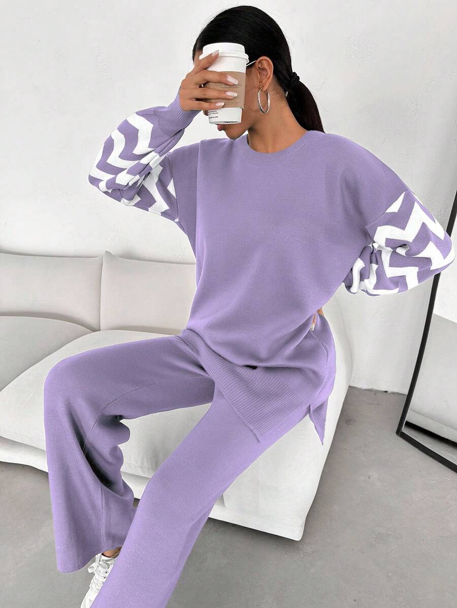 Dames effen kleur pareldetail ronde hals drop shoulder pullover & sweater broek set