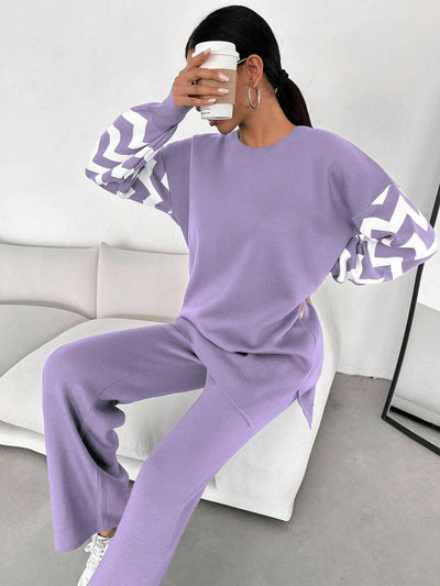 Dames effen kleur pareldetail ronde hals drop shoulder pullover & sweater broek set