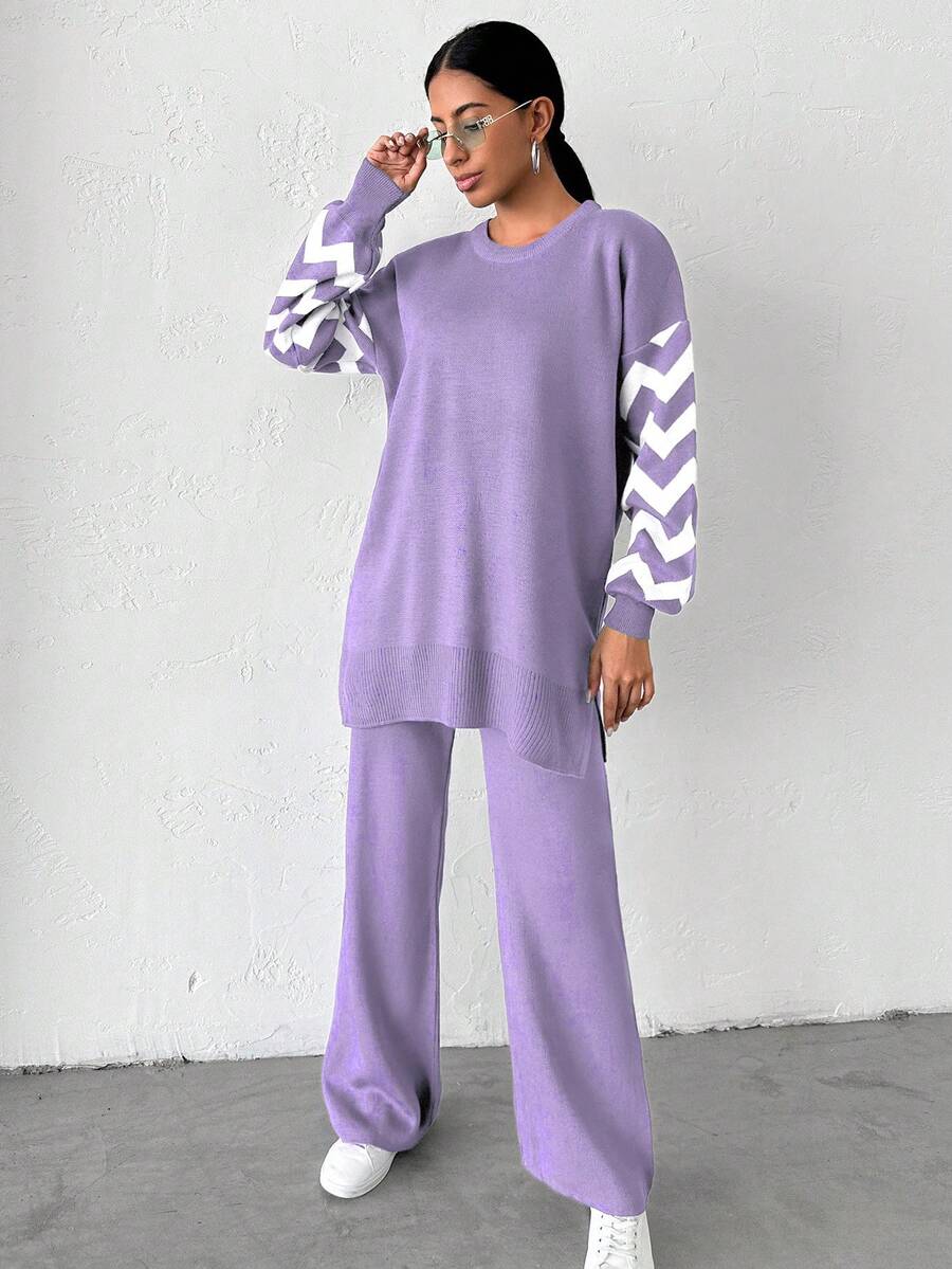 Dames effen kleur pareldetail ronde hals drop shoulder pullover & sweater broek set