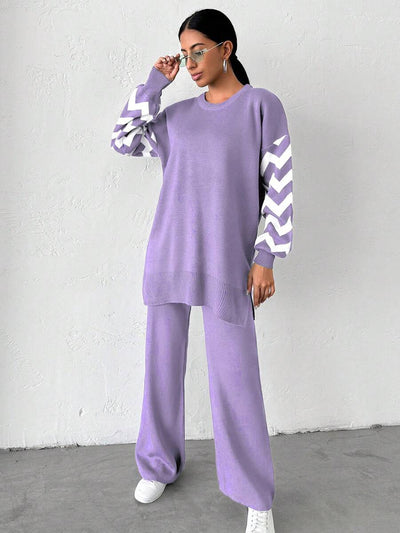 Dames effen kleur pareldetail ronde hals drop shoulder pullover & sweater broek set