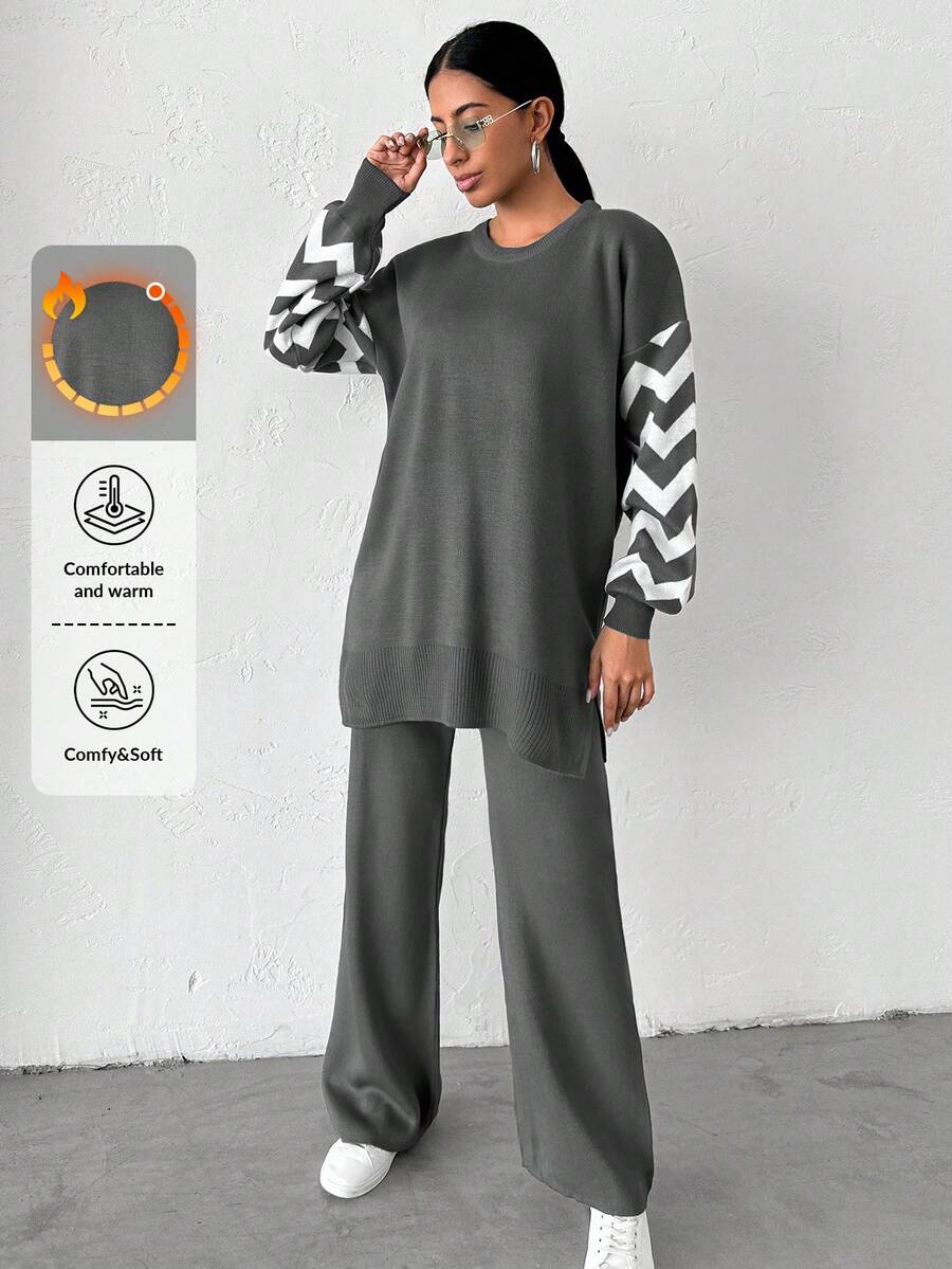 Dames effen kleur pareldetail ronde hals drop shoulder pullover & sweater broek set