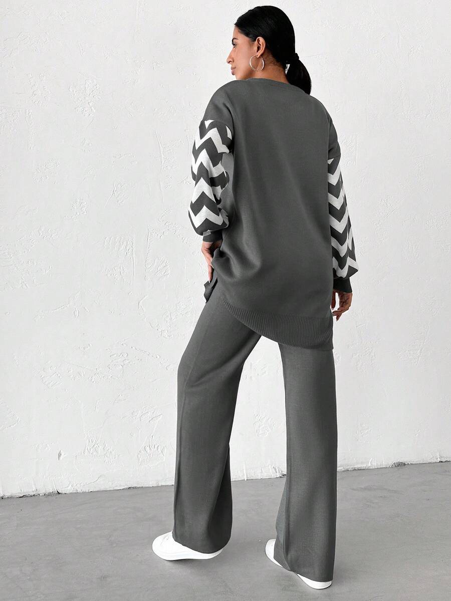 Dames effen kleur pareldetail ronde hals drop shoulder pullover & sweater broek set