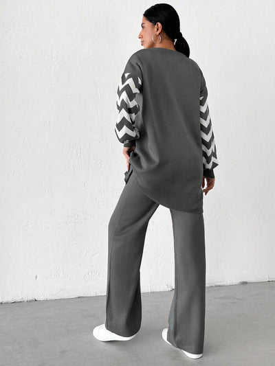 Dames effen kleur pareldetail ronde hals drop shoulder pullover & sweater broek set