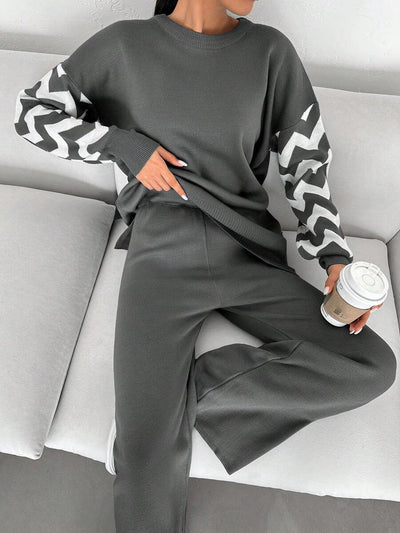 Dames effen kleur pareldetail ronde hals drop shoulder pullover & sweater broek set