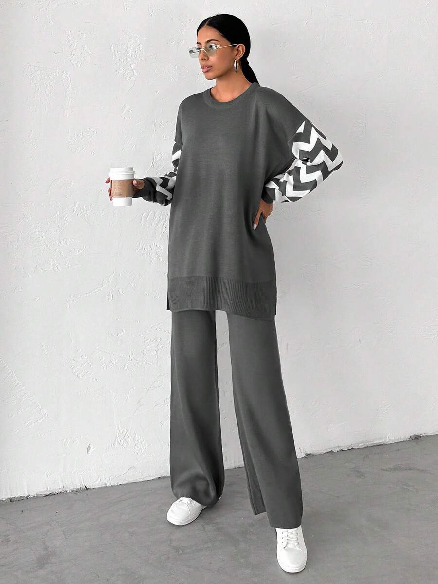 Dames effen kleur pareldetail ronde hals drop shoulder pullover & sweater broek set