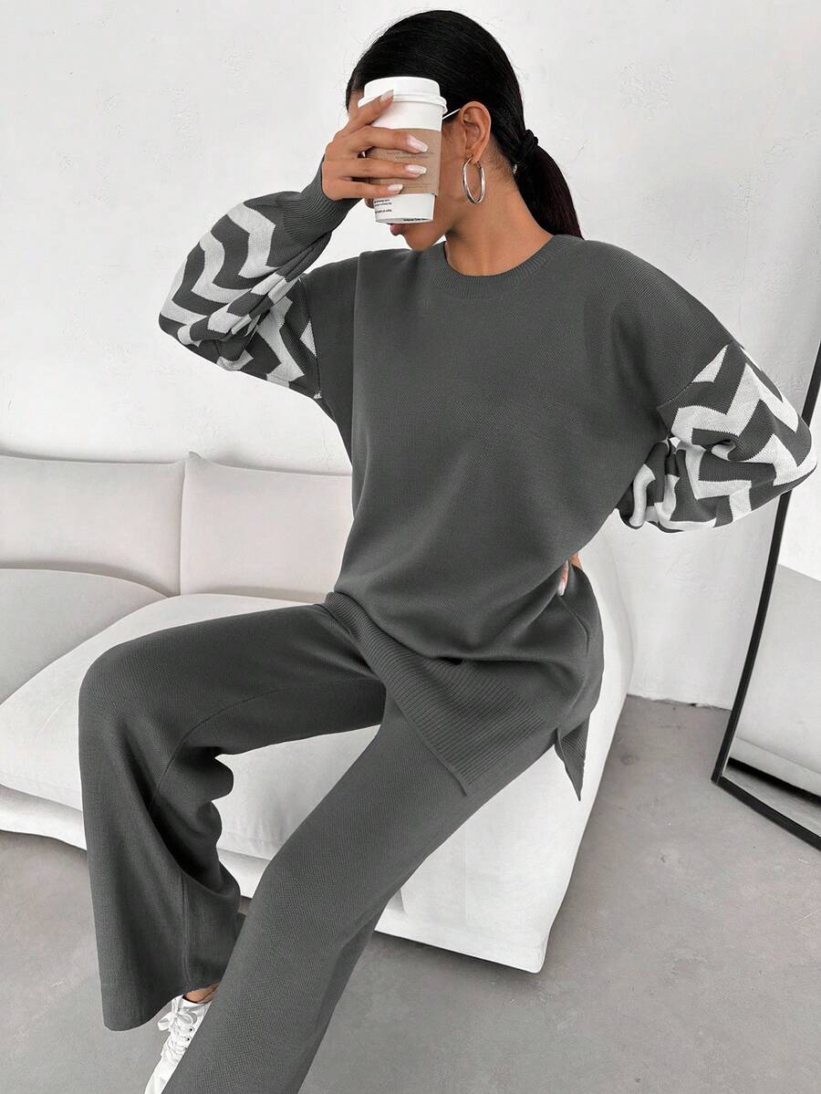 Dames effen kleur pareldetail ronde hals drop shoulder pullover & sweater broek set