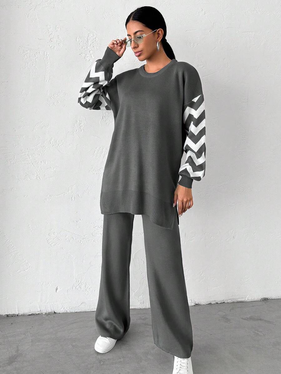 Dames effen kleur pareldetail ronde hals drop shoulder pullover & sweater broek set