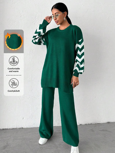 Dames effen kleur pareldetail ronde hals drop shoulder pullover & sweater broek set