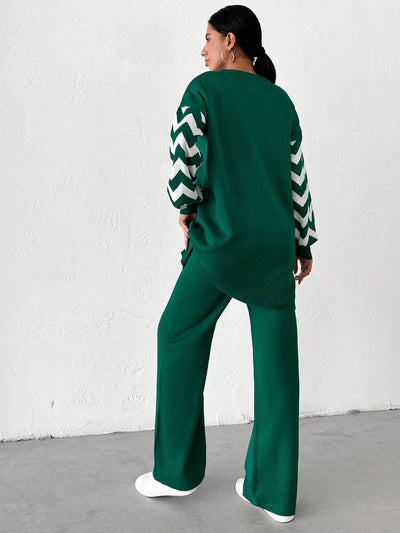 Dames effen kleur pareldetail ronde hals drop shoulder pullover & sweater broek set