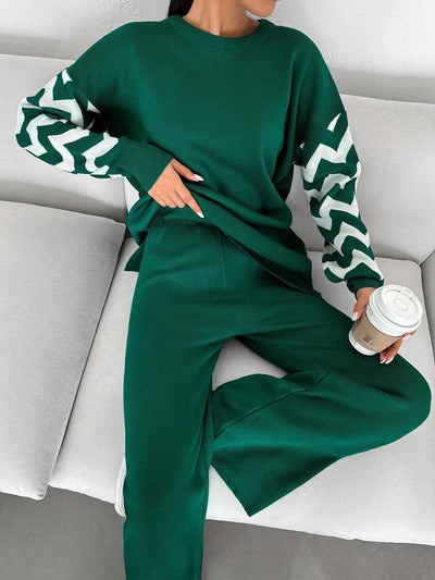 Dames effen kleur pareldetail ronde hals drop shoulder pullover & sweater broek set