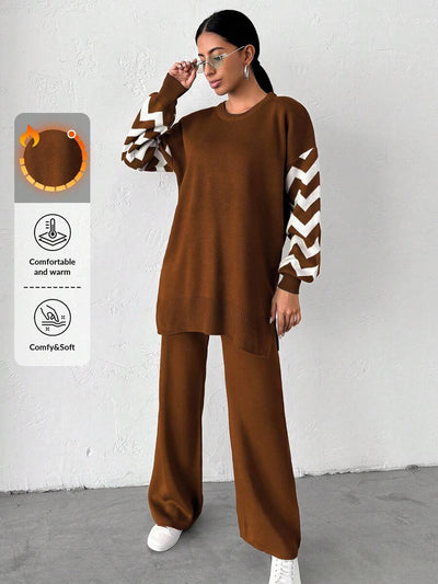 Dames effen kleur pareldetail ronde hals drop shoulder pullover & sweater broek set