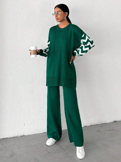 Dames effen kleur pareldetail ronde hals drop shoulder pullover & sweater broek set