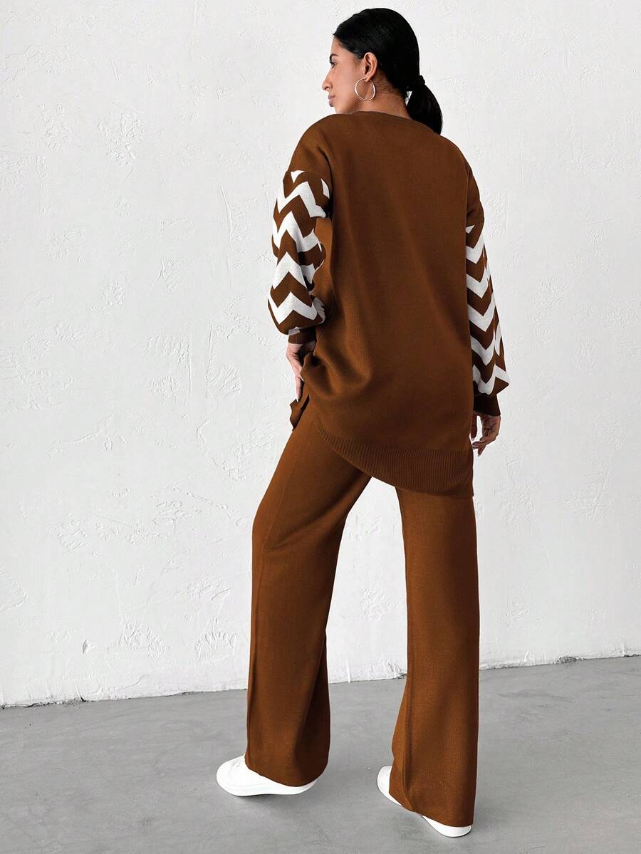 Dames effen kleur pareldetail ronde hals drop shoulder pullover & sweater broek set