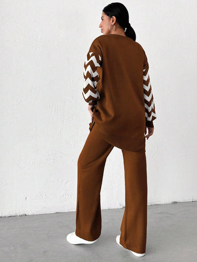 Dames effen kleur pareldetail ronde hals drop shoulder pullover & sweater broek set