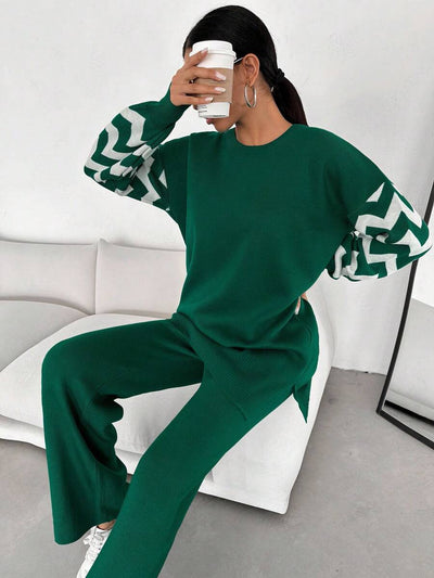 Dames effen kleur pareldetail ronde hals drop shoulder pullover & sweater broek set