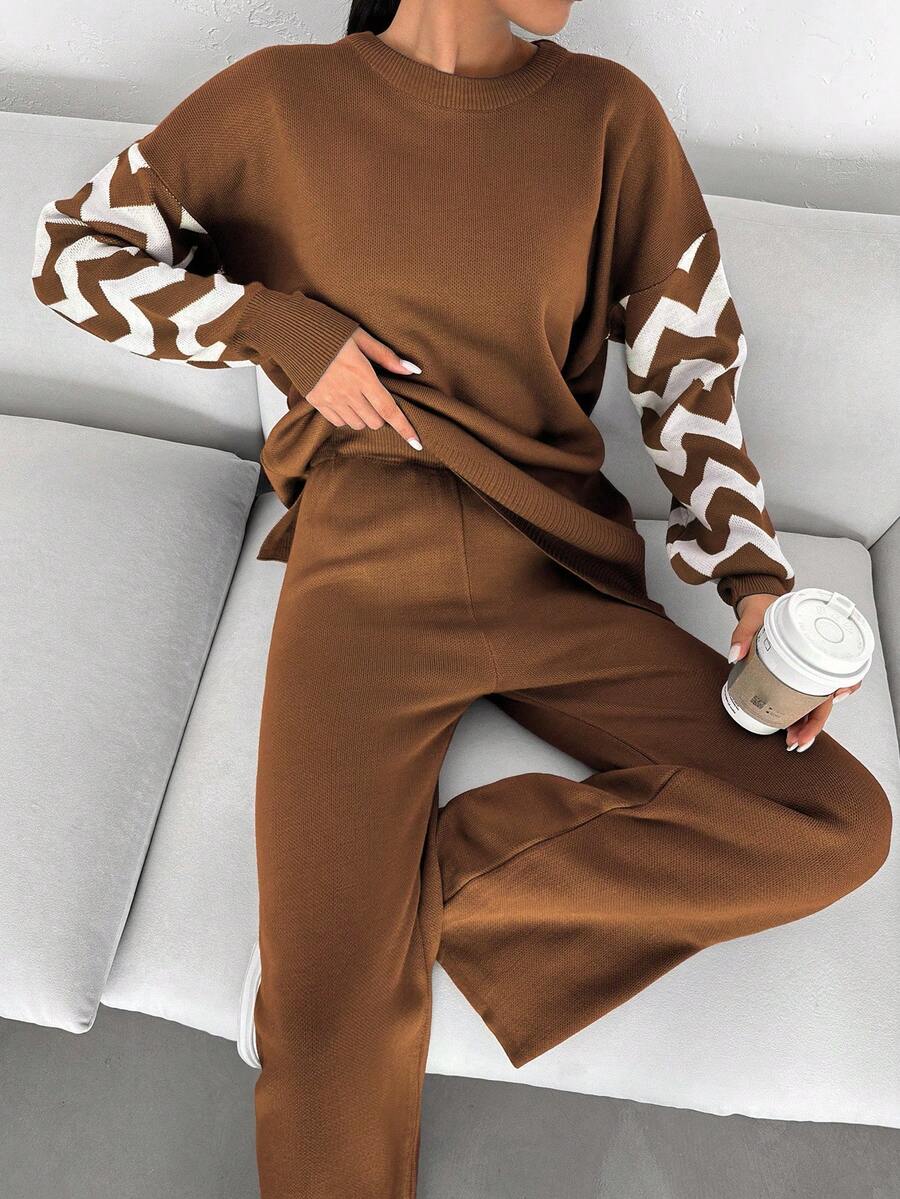 Dames effen kleur pareldetail ronde hals drop shoulder pullover & sweater broek set
