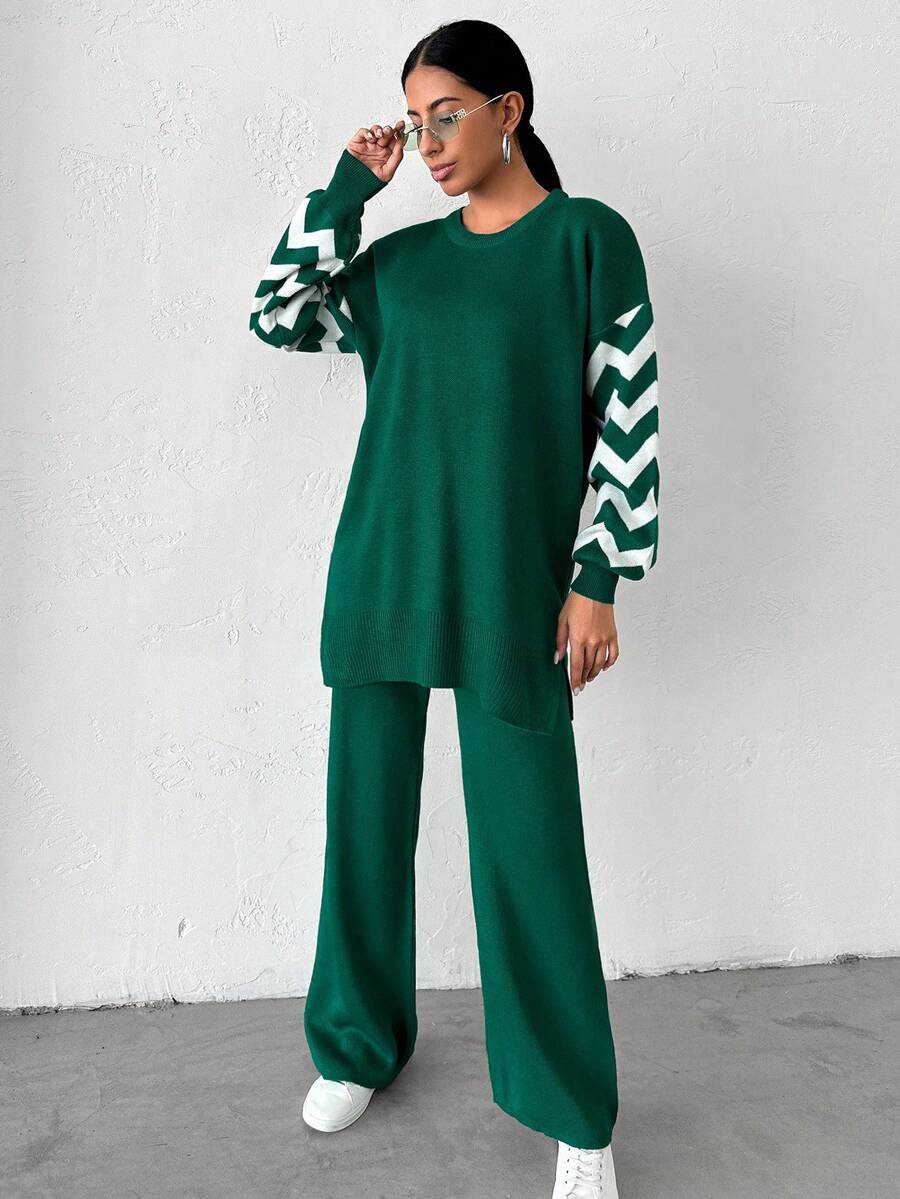 Dames effen kleur pareldetail ronde hals drop shoulder pullover & sweater broek set
