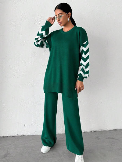 Dames effen kleur pareldetail ronde hals drop shoulder pullover & sweater broek set