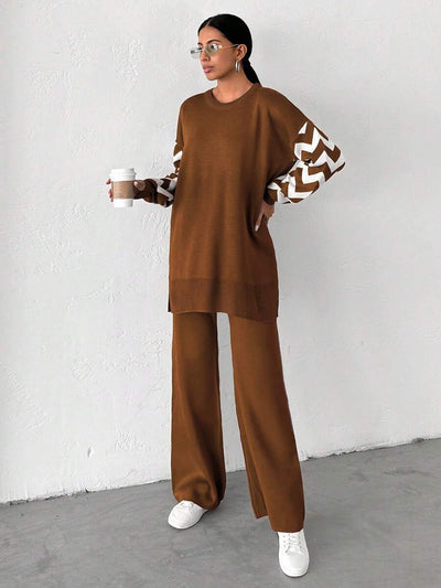 Dames effen kleur pareldetail ronde hals drop shoulder pullover & sweater broek set