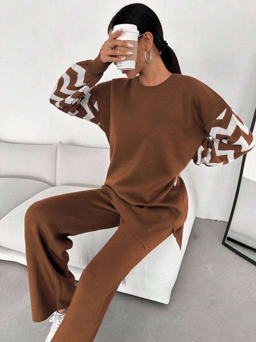 Dames effen kleur pareldetail ronde hals drop shoulder pullover & sweater broek set