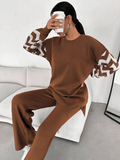 Dames effen kleur pareldetail ronde hals drop shoulder pullover & sweater broek set