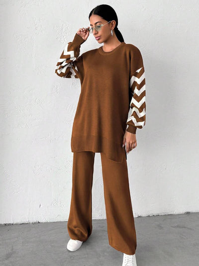 Dames effen kleur pareldetail ronde hals drop shoulder pullover & sweater broek set