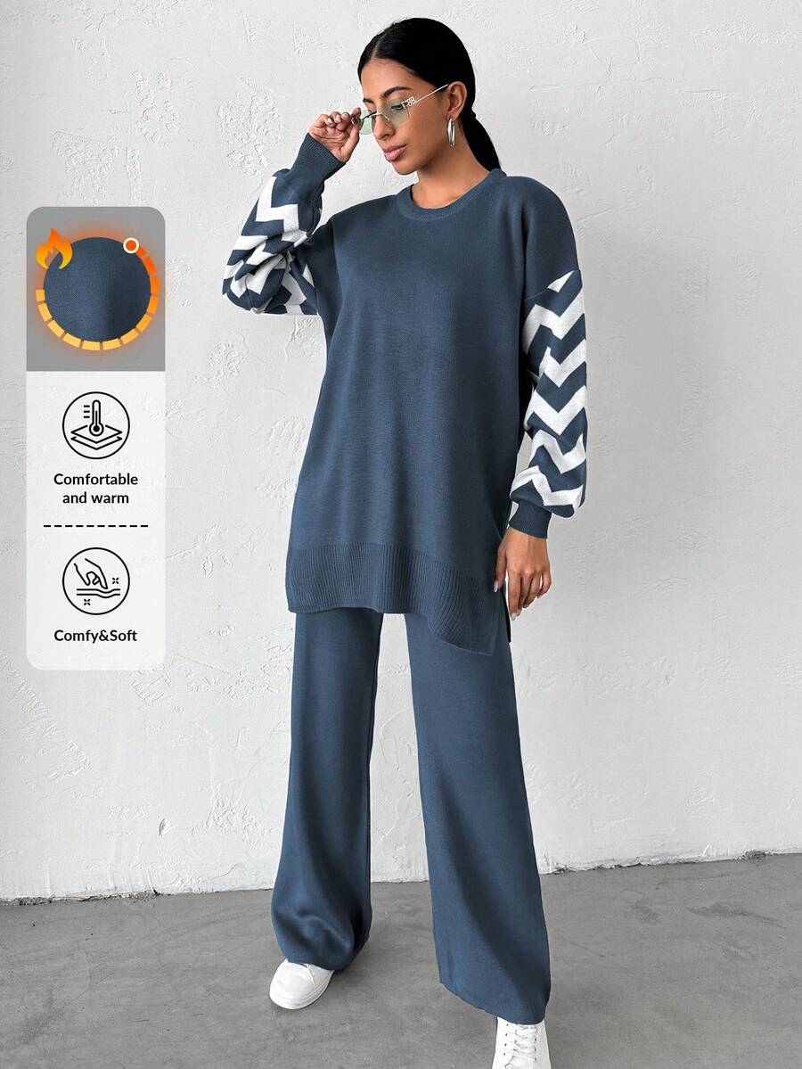 Dames effen kleur pareldetail ronde hals drop shoulder pullover & sweater broek set