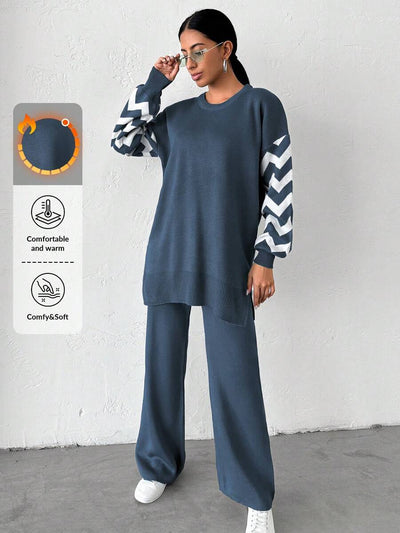 Dames effen kleur pareldetail ronde hals drop shoulder pullover & sweater broek set