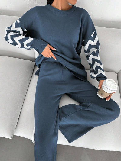 Dames effen kleur pareldetail ronde hals drop shoulder pullover & sweater broek set