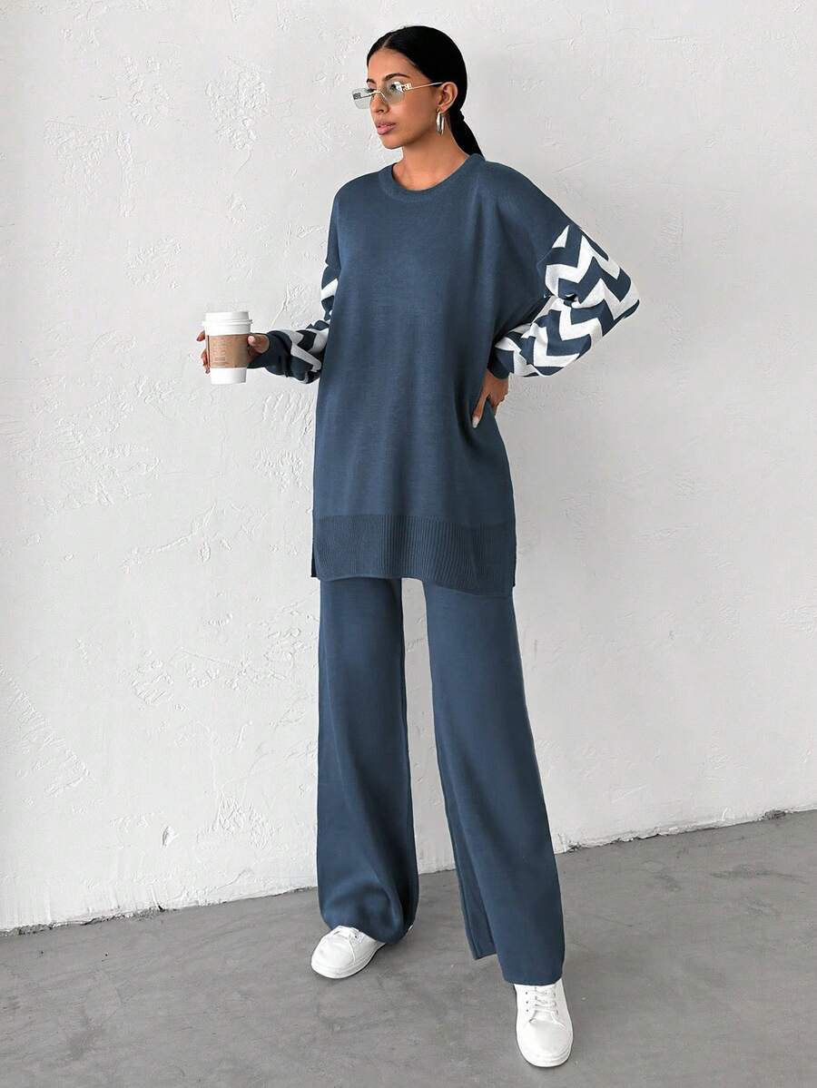 Dames effen kleur pareldetail ronde hals drop shoulder pullover & sweater broek set
