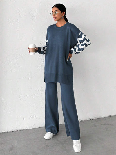 Dames effen kleur pareldetail ronde hals drop shoulder pullover & sweater broek set