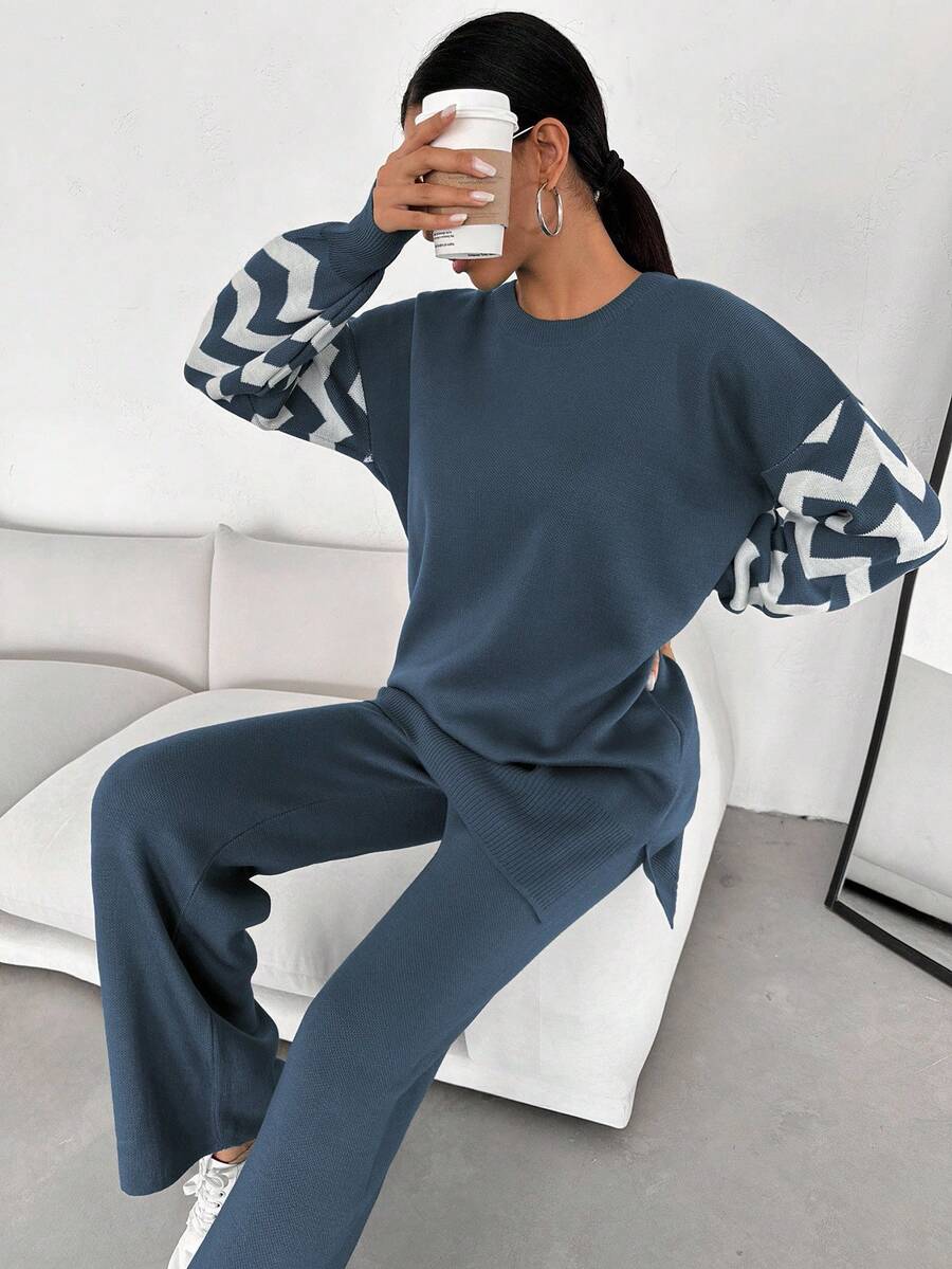 Dames effen kleur pareldetail ronde hals drop shoulder pullover & sweater broek set