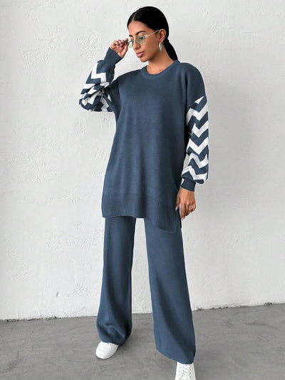 Dames effen kleur pareldetail ronde hals drop shoulder pullover & sweater broek set
