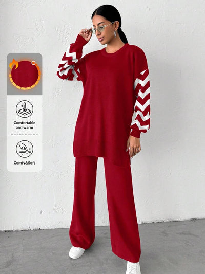 Dames effen kleur pareldetail ronde hals drop shoulder pullover & sweater broek set