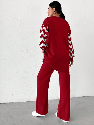 Dames effen kleur pareldetail ronde hals drop shoulder pullover & sweater broek set