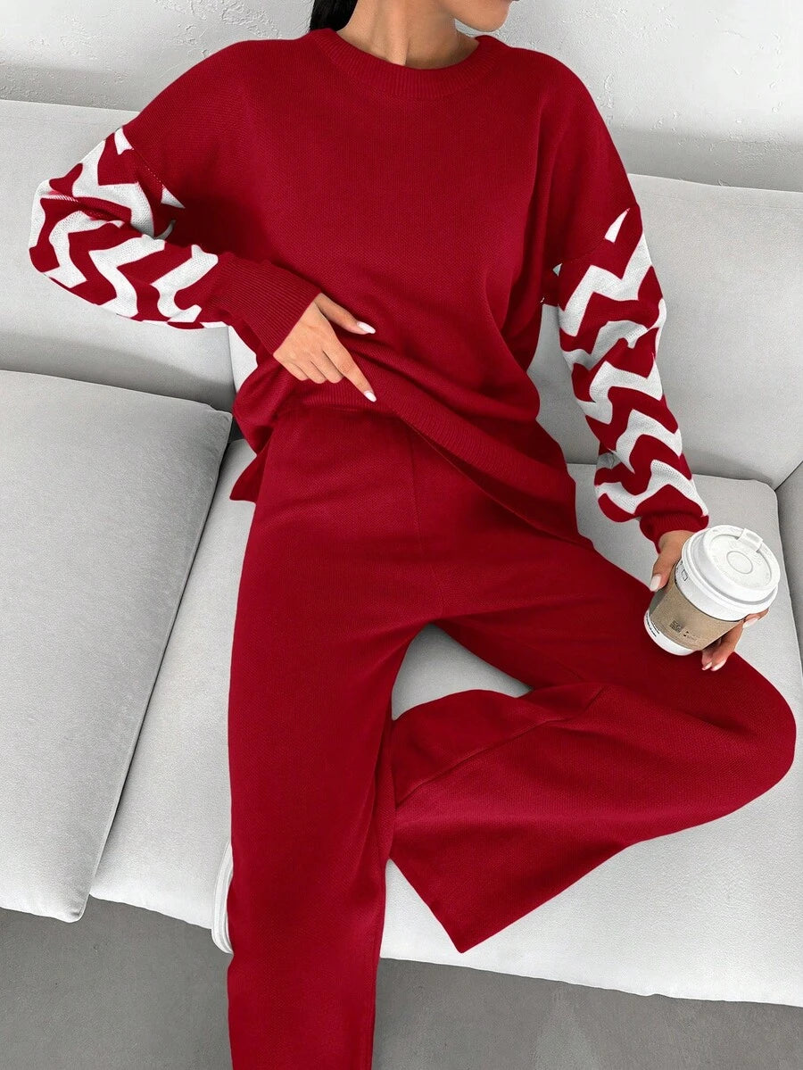 Dames effen kleur pareldetail ronde hals drop shoulder pullover & sweater broek set