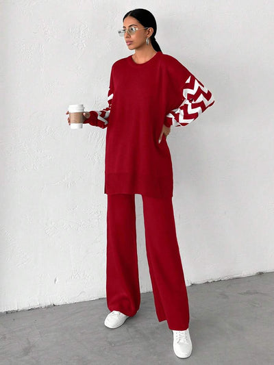 Dames effen kleur pareldetail ronde hals drop shoulder pullover & sweater broek set