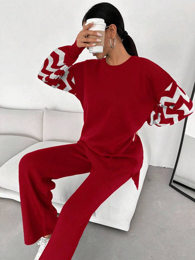 Dames effen kleur pareldetail ronde hals drop shoulder pullover & sweater broek set