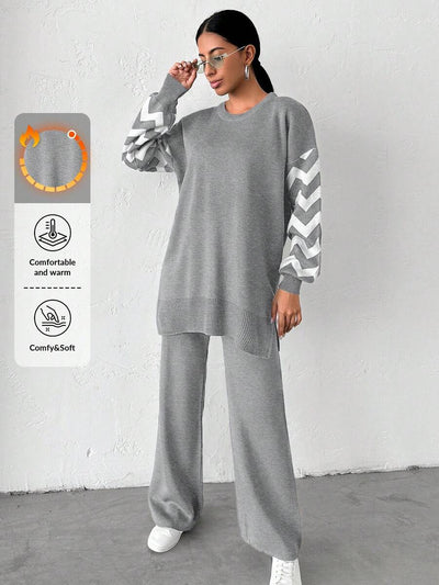 Dames effen kleur pareldetail ronde hals drop shoulder pullover & sweater broek set