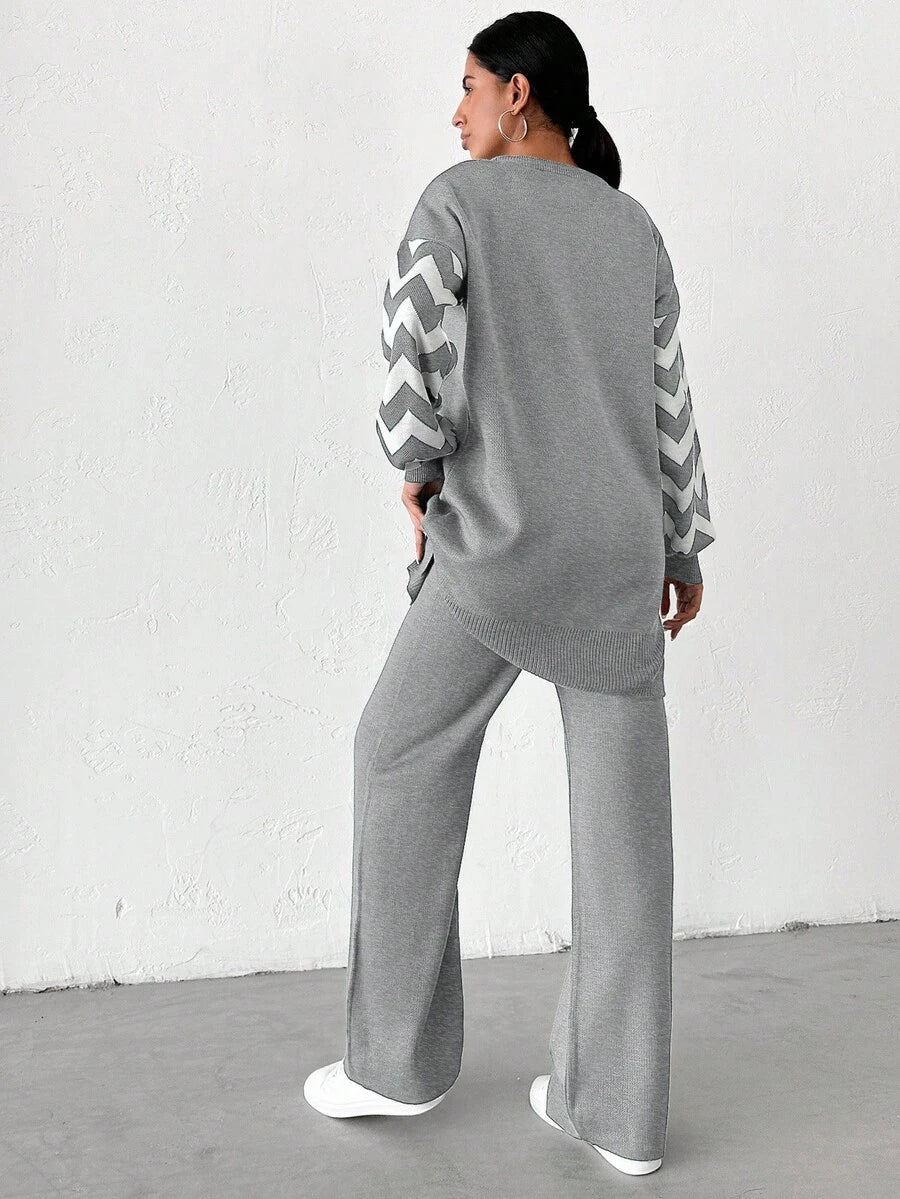 Dames effen kleur pareldetail ronde hals drop shoulder pullover & sweater broek set