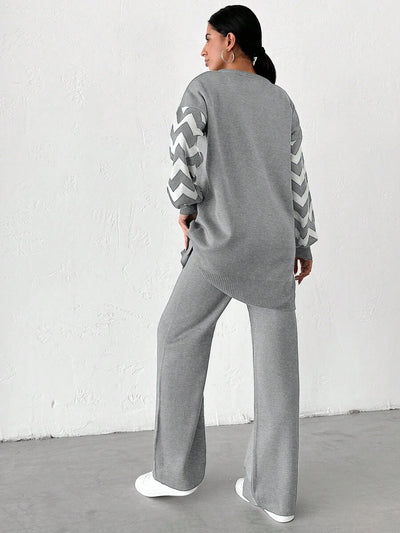 Dames effen kleur pareldetail ronde hals drop shoulder pullover & sweater broek set