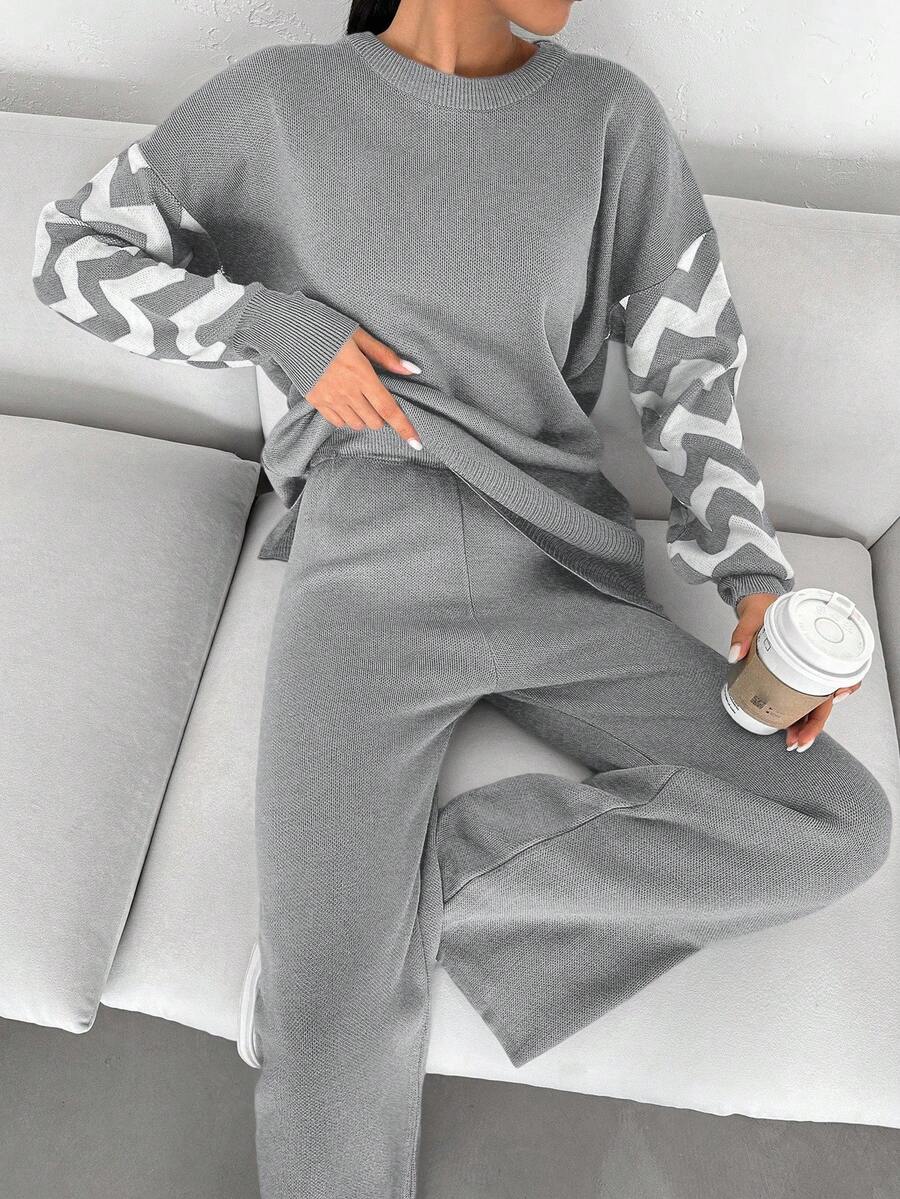 Dames effen kleur pareldetail ronde hals drop shoulder pullover & sweater broek set