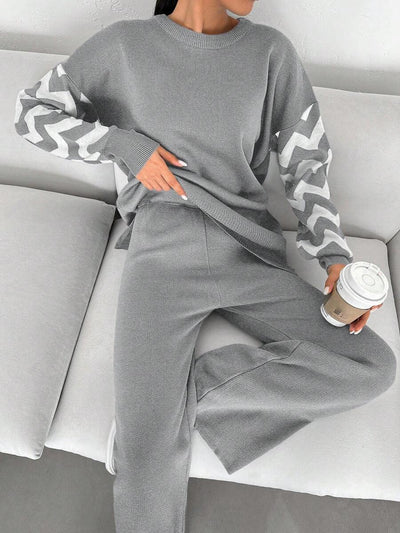 Dames effen kleur pareldetail ronde hals drop shoulder pullover & sweater broek set