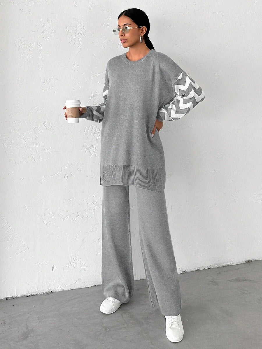Dames effen kleur pareldetail ronde hals drop shoulder pullover & sweater broek set