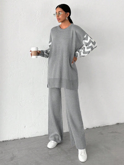 Dames effen kleur pareldetail ronde hals drop shoulder pullover & sweater broek set