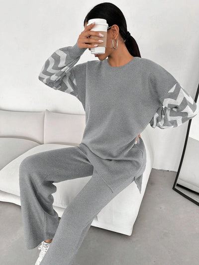 Dames effen kleur pareldetail ronde hals drop shoulder pullover & sweater broek set