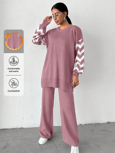 Dames effen kleur pareldetail ronde hals drop shoulder pullover & sweater broek set
