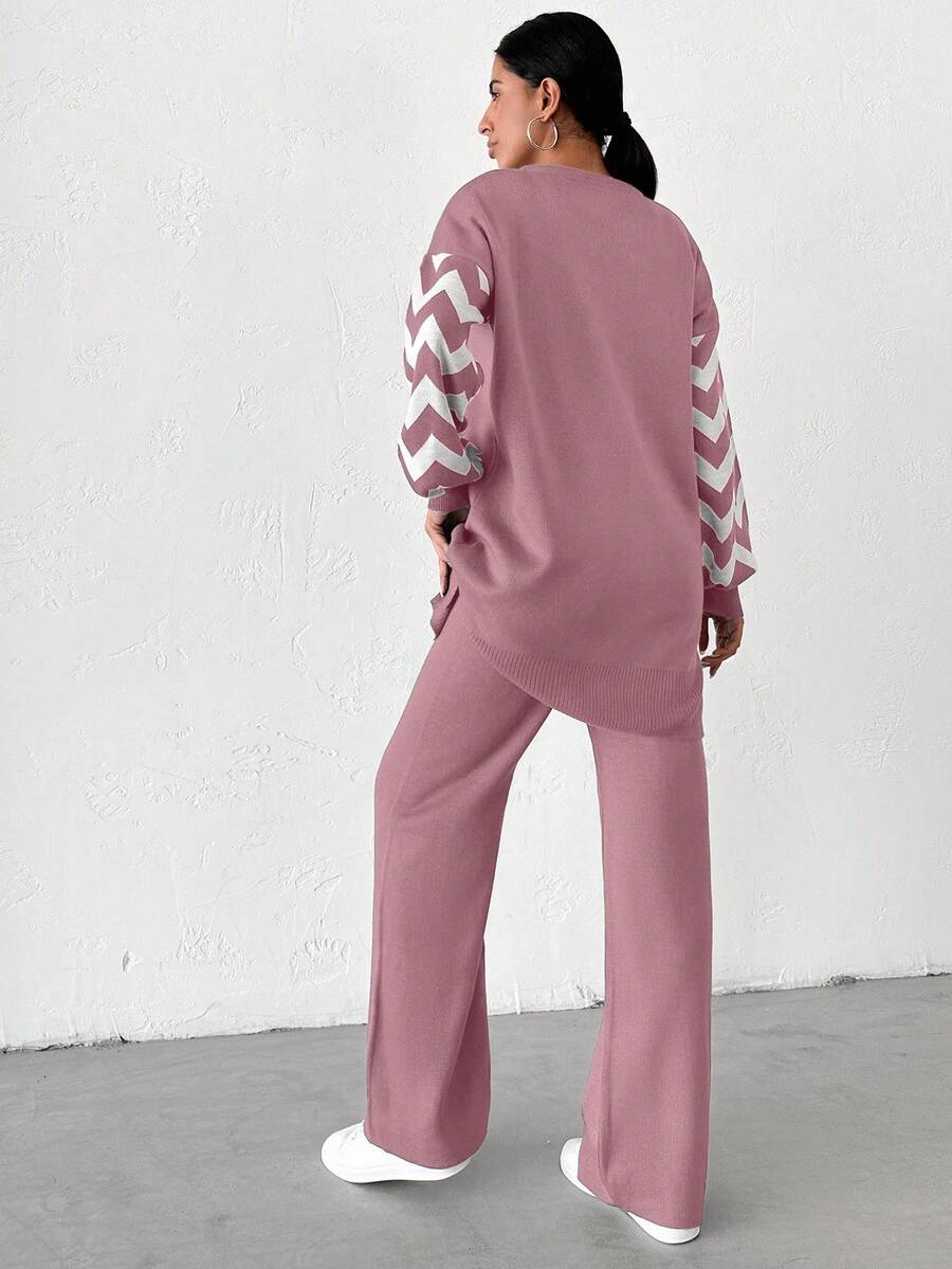 Dames effen kleur pareldetail ronde hals drop shoulder pullover & sweater broek set