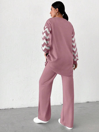 Dames effen kleur pareldetail ronde hals drop shoulder pullover & sweater broek set